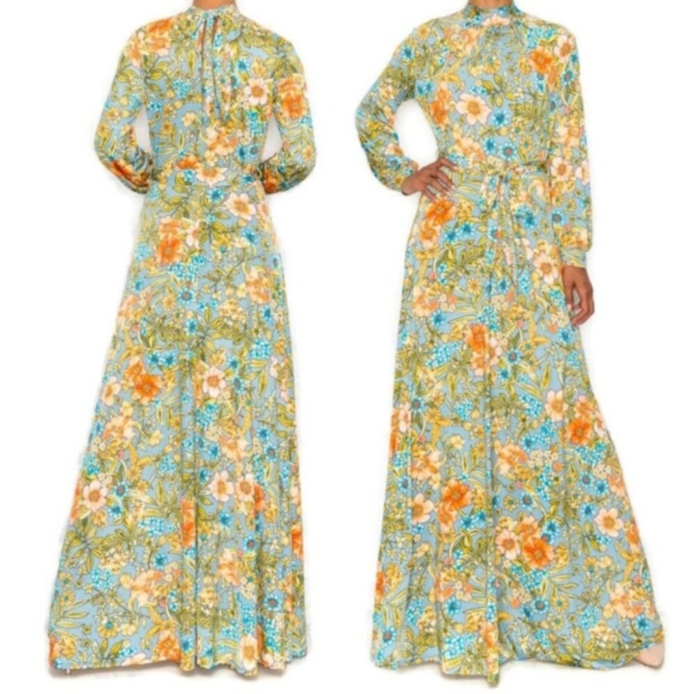 Janette Fashion Vintage Denim Blue Peach Floral Cuff Long Sleeve Maxi Dress